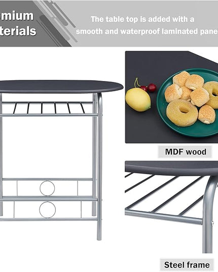 VECELO 3 Piece Small Round Dining Table Set for Kitchen Breakfast Nook, Wood Grain Tabletop with Wine Storage Rack, Save Space, 31.5 Inch, Black and Silver - LeafyLoom