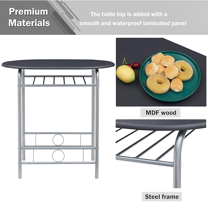 VECELO 3 Piece Small Round Dining Table Set for Kitchen Breakfast Nook, Wood Grain Tabletop with Wine Storage Rack, Save Space, 31.5 Inch, Black and Silver - LeafyLoom