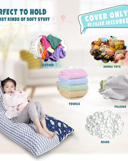 Stuffed Animal Storage Bean Bag Chair Cover, Cotton Blue Universe Plush Toy Storage Stuff and Sit Seat for Kids/Teens/Adults, 52" x 31" Extra Large Triangle Floor Sofa, 200L/52Gal, Cover Only - LeafyLoom
