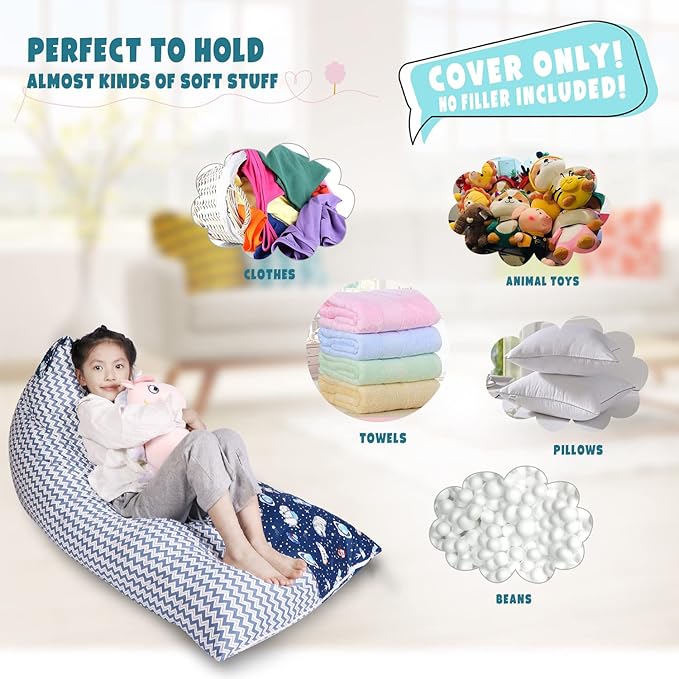 Stuffed Animal Storage Bean Bag Chair Cover, Cotton Blue Universe Plush Toy Storage Stuff and Sit Seat for Kids/Teens/Adults, 52" x 31" Extra Large Triangle Floor Sofa, 200L/52Gal, Cover Only - LeafyLoom