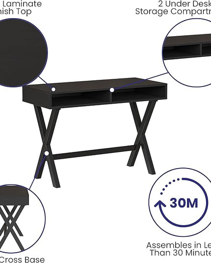 Flash Furniture Dolly Computer Desk - Black Writing Desk with Open Storage Compartments - 42" Long Home Office Desk Table for Bedroom - LeafyLoom