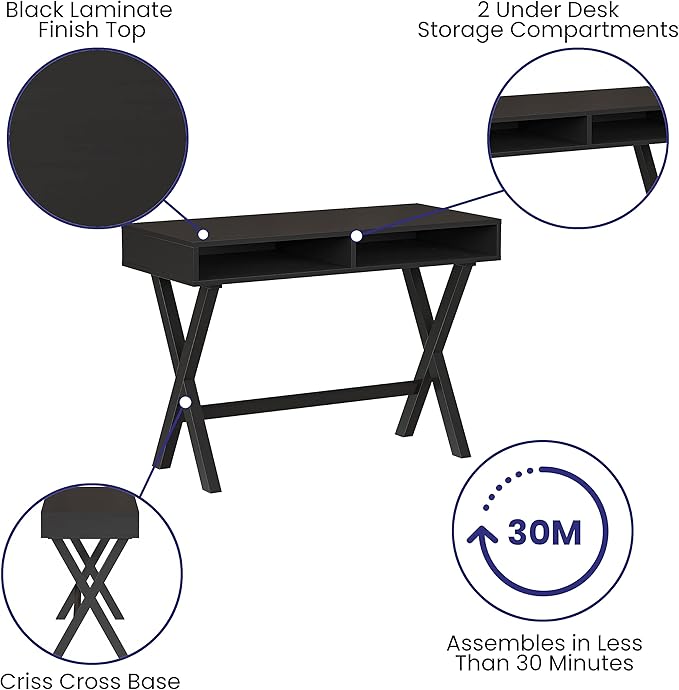 Flash Furniture Dolly Computer Desk - Black Writing Desk with Open Storage Compartments - 42" Long Home Office Desk Table for Bedroom - LeafyLoom