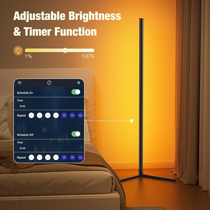 bedee LED Corner Floor Lamp: 50" RGB 16 Million Color Changing Floor Lamp with Music Sync, Modern Standing Ambient Light with APP & Remote Control, DIY Modes & Timer for Living Room Gaming Room Decor - LeafyLoom