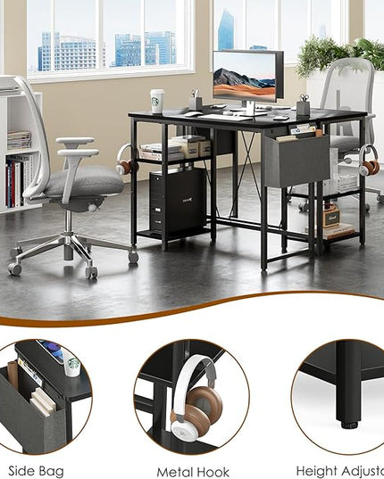 Computer Desk, 39.3” Home Office Desks, Modern Small Desk for Bedroom, Gaming Desk with Iron Hook and Height Adjustable Feet, Sturdy Student Writing Desk with Storage Bag, Storage Shelves - LeafyLoom