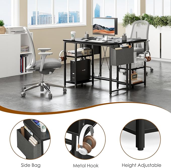 Computer Desk, 39.3” Home Office Desks, Modern Small Desk for Bedroom, Gaming Desk with Iron Hook and Height Adjustable Feet, Sturdy Student Writing Desk with Storage Bag, Storage Shelves - LeafyLoom