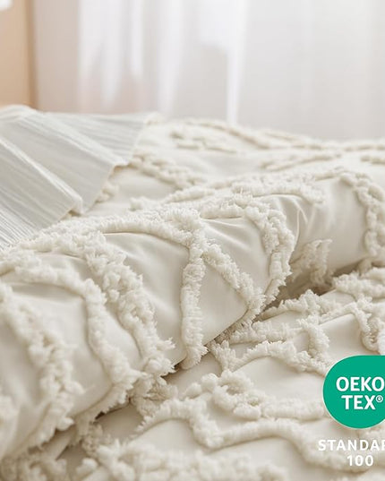 Bedsure Tufted Boho Comforter Set Queen - Grey Boho Bedding Comforter Set, 3 Pieces Farmhouse Shabby Chic Embroidery Bed Set, Soft Jacquard Comforter for All Seasons - LeafyLoom