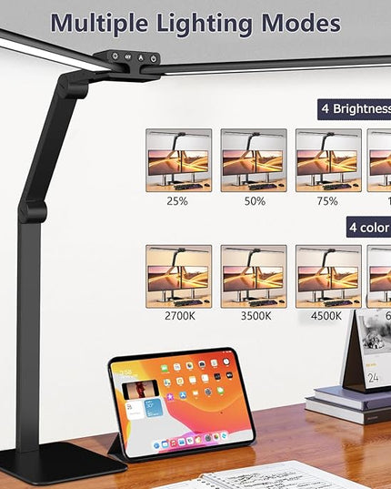 KableRika Desk Lamp Home Office: 24W Bright Double Led Desk Lights with Base - Auto Dimming Table Light - Dimmable Eye Caring Task Office Lamps for Monitor Study Drafting - LeafyLoom