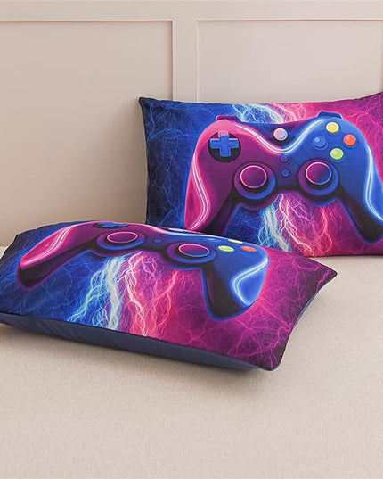 Meeting Story Gamer Gaming Bedding Sets Red Blue Lightnings Gamepad Comforter Set for Boys Games Console Action Buttons Novelty Colorful Modern Room Decor Home Quilt Set (Blue-Purple, Twin 5Pcs) - LeafyLoom