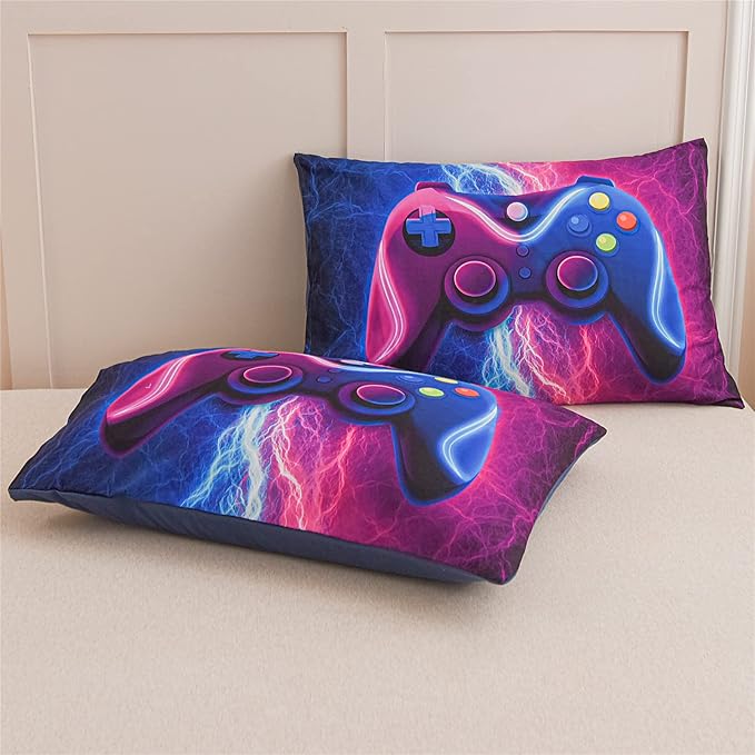 Meeting Story Gamer Gaming Bedding Sets Red Blue Lightnings Gamepad Comforter Set for Boys Games Console Action Buttons Novelty Colorful Modern Room Decor Home Quilt Set (Blue-Purple, Twin 5Pcs) - LeafyLoom