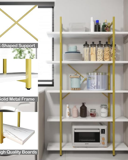 5 Tiers Bookshelf Organizer White Faux Marble Shelf,Modern Open Display Storage Bookcase, and Metal Bookshelf Standing Storage Shelf Tall Shelving Units for Home Office Study - LeafyLoom