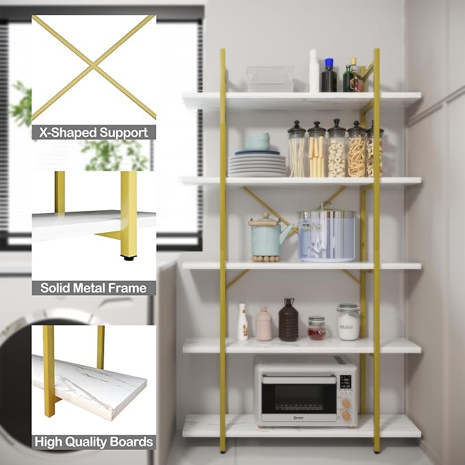5 Tiers Bookshelf Organizer White Faux Marble Shelf,Modern Open Display Storage Bookcase, and Metal Bookshelf Standing Storage Shelf Tall Shelving Units for Home Office Study - LeafyLoom