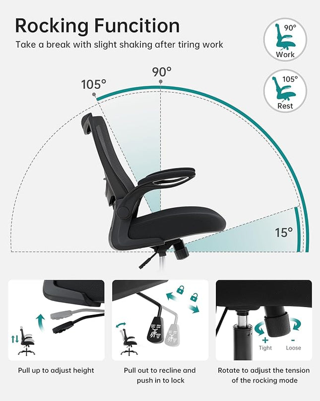 Office Chair, Ergonomic Desk Chair with Adjustable Lumbar Support and Flip up Armrest, Breathable Mesh Computer Chair for Home Office, Black - LeafyLoom