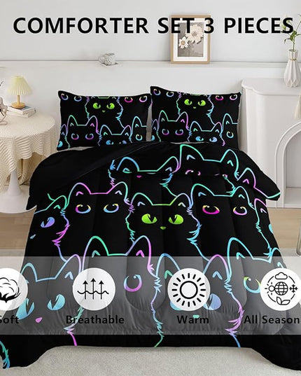 Axolotl Kids Bedding Cartoon Twin Size,Gradient Line Cute Cat Bedding Set for Teens Kids Boys Girls Adults Room Decor, All Season,1 Comforter 2 Pillow Cases,Black - LeafyLoom