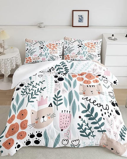 CVHOUSE Cat Bedding,Cartoon Cat Comforter Full,Animals Print Comforter Set for Kids,Kawaii Quilt Set with 1 Comforter and 2 Pillow Cases - LeafyLoom