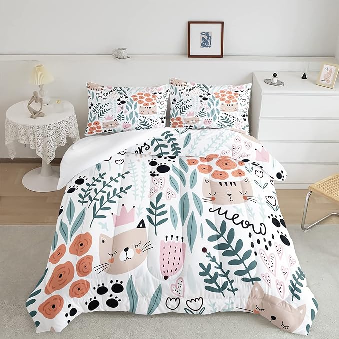 CVHOUSE Cat Bedding,Cartoon Cat Comforter Queen,Animals Print Comforter Set for Kids,Kawaii Quilt Set with 1 Comforter and 2 Pillow Cases - LeafyLoom
