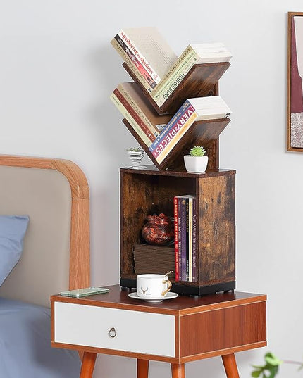 ruboka 2-Shelf Tree Bookshelf with Storage, 26.5-Inch Retro Floor Standing Bookcase Display for CDs/Magazine/Books, Small Bookshelf for Bedroom, Living Room, Office, Brown Storage Shelves - LeafyLoom