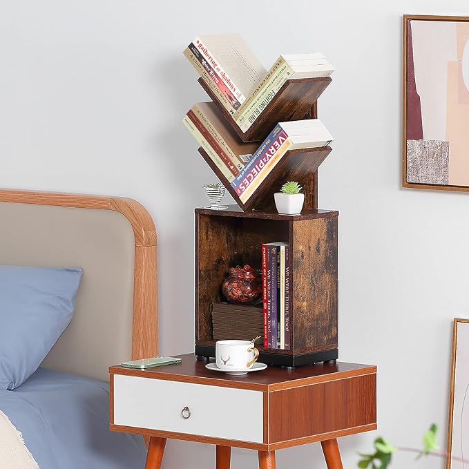 ruboka 2-Shelf Tree Bookshelf with Storage, 26.5-Inch Retro Floor Standing Bookcase Display for CDs/Magazine/Books, Small Bookshelf for Bedroom, Living Room, Office, Brown Storage Shelves - LeafyLoom