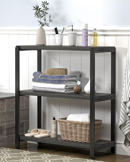 FOLUBAN Rustic Small Bookshelf and Bookcase, 3 Tier Low Short Book Shelf, Industrial Metal and Wood Book Case for Bedroom Living Room, Dark Gray - LeafyLoom