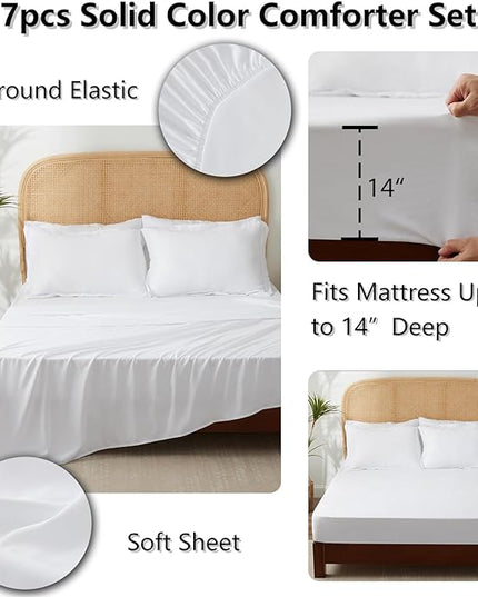 Queen Bed in a Bag 7 Pieces Bedding Comforter Set with Comforter and Sheets White Queen Bed Set with Sheets,Pillow Shams, Flat Sheet, Fitted Sheet and Pillowcases - LeafyLoom