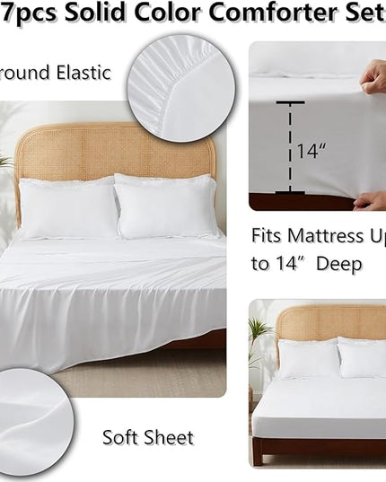 King Bed in a Bag 7 Pieces Bedding Comforter Set with Comforter and Sheets White King Bed Set with Sheets,Pillow Shams, Flat Sheet, Fitted Sheet and Pillowcases - LeafyLoom