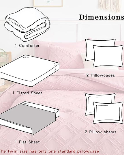 7 Pieces Tufted Bed in a Bag Queen Comforter Set with Sheets Pink, Soft and Embroidery Shabby Chic Boho Bohemian, Luxury Solid Color with Diamond Pattern, Jacquard Tufts Bedding Set for All Season - LeafyLoom