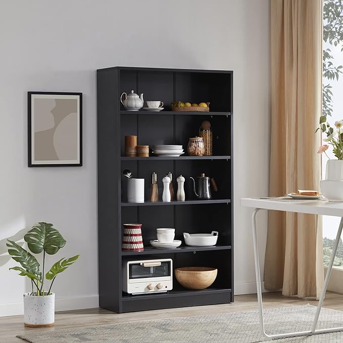 Farini Black Bookshelf for Bedroom 5 Shelf Office Bookcase 60 Inches Tall Modern Wood Bookshelf for Living Room 5 Tier Wide Manga Bookshelf Library Bookcase - LeafyLoom