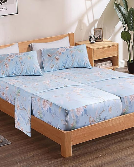 QSH 100% Cotton Floral Sheets for Split King Size Bed, Blue Flowers Plant Pattern Botanical Luxury Cotton Printed Floral Bedding Split King Sheet with Deep Pockets 17" Soft and Breathable 5pcs - LeafyLoom