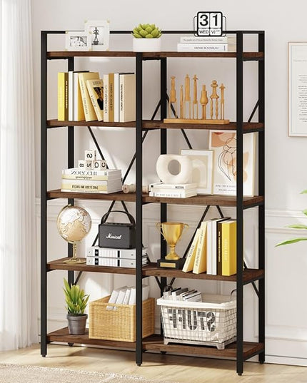 BON AUGURE Industrial Bookshelves and Bookcases, Farmhouse Large Book Shelves, 5 Tier Heavy Duty Open Bookcase, Tall Wood Metal Shelving Unit for Living Room, Bedroom, Office (Rustic Oak) - LeafyLoom