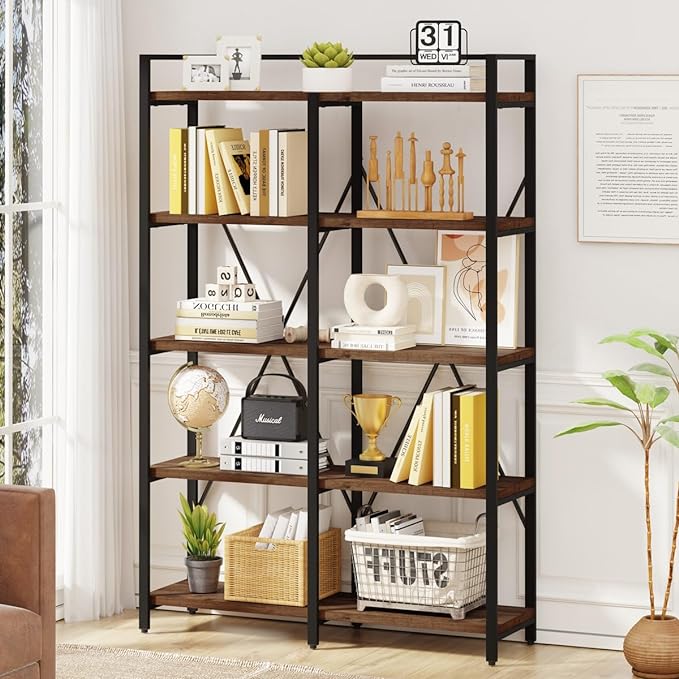BON AUGURE Industrial Bookshelves and Bookcases, Farmhouse Large Book Shelves, 5 Tier Heavy Duty Open Bookcase, Tall Wood Metal Shelving Unit for Living Room, Bedroom, Office (Rustic Oak) - LeafyLoom