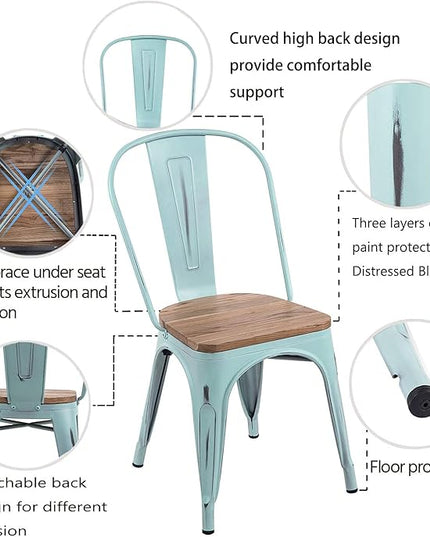 YOUNIKE Metal Chairs with Wooden Seat Modern Industrial Distressed Indoor Outdoor Metal Kitchen Dining Room Chairs Set of 4 (Dream Blue)… - LeafyLoom