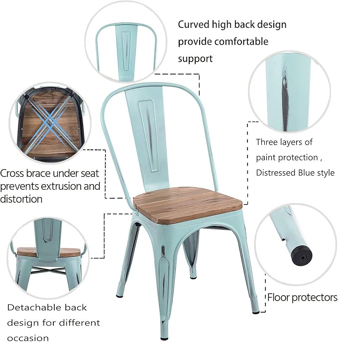 YOUNIKE Metal Chairs with Wooden Seat Modern Industrial Distressed Indoor Outdoor Metal Kitchen Dining Room Chairs Set of 4 (Dream Blue)… - LeafyLoom
