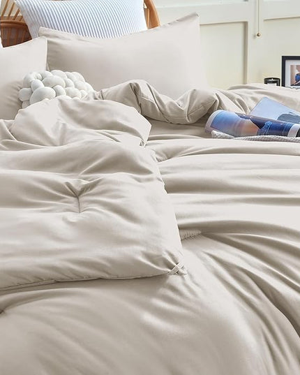 CozyLux Beige Comforter Set King Size, 3 Pieces Boho Solid Breathable Quilted Style Bedding Sets, Luxury Fluffy Soft Microfiber Comforter for All Season(1 Comforter & 2 Pillowcases) - LeafyLoom