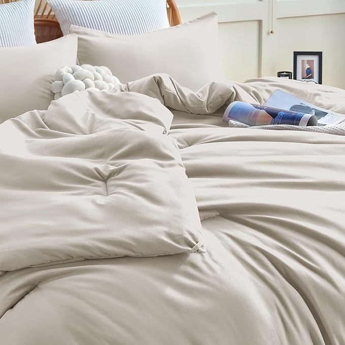 CozyLux Beige Comforter Set King Size, 3 Pieces Boho Solid Breathable Quilted Style Bedding Sets, Luxury Fluffy Soft Microfiber Comforter for All Season(1 Comforter & 2 Pillowcases) - LeafyLoom