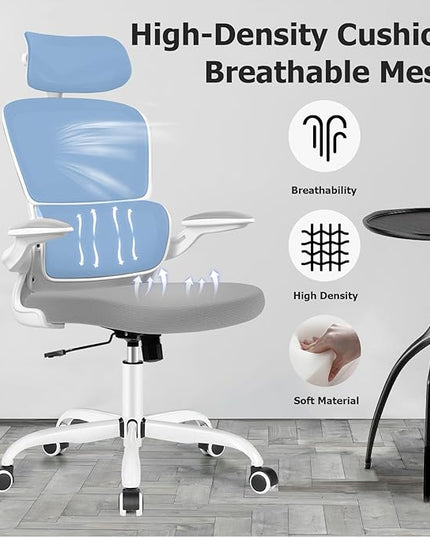 Ergonomic Office Chair, High Back Mesh Desk Chair with Lumbar Support and Adjustable Headrest, Computer Gaming Chair with Flip-up Armrests, Executive Swivel Chair for Home Office (LightGray) - LeafyLoom