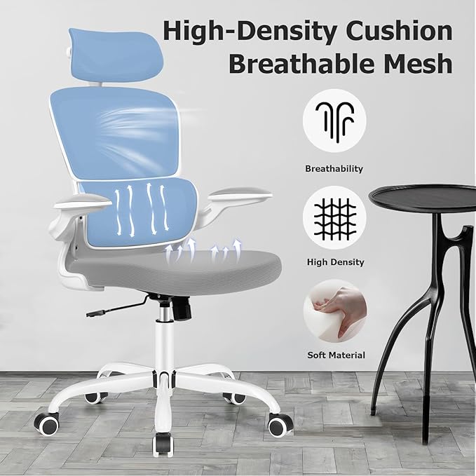 Ergonomic Office Chair, High Back Mesh Desk Chair with Lumbar Support and Adjustable Headrest, Computer Gaming Chair with Flip-up Armrests, Executive Swivel Chair for Home Office (LightGray) - LeafyLoom