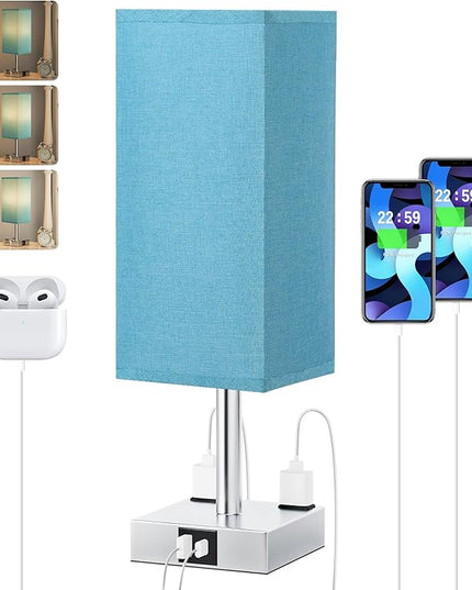 Touch Bedside Table Lamp For Nightstand - 3-Way Dimmable Night Lamp with USB A + Type C Charging Ports and two AC Outlets, Small Desk Light with E26 Bulb for Bedroom Living Room Dorm, Turquoise - LeafyLoom