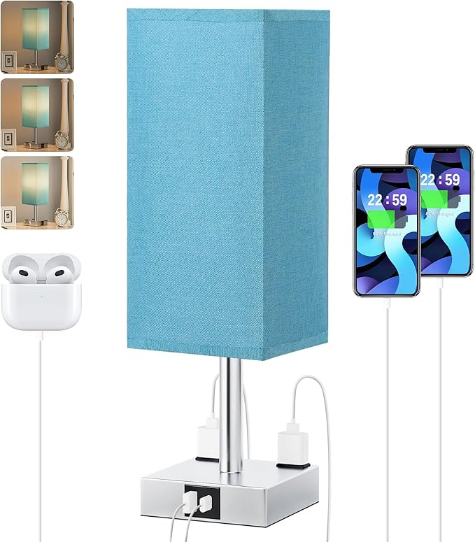 Touch Bedside Table Lamp For Nightstand - 3-Way Dimmable Night Lamp with USB A + Type C Charging Ports and two AC Outlets, Small Desk Light with E26 Bulb for Bedroom Living Room Dorm, Turquoise - LeafyLoom