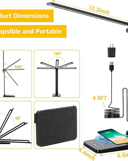LED Desk Lamp for Home Office, 3 Levels Dimmable Desk Light with USB Charging Port, Small Study Lamp, Reading Light for Table, Deep Black, 5000K - LeafyLoom