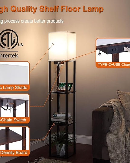 Floor Lamp with Shelves, Shelf Floor Lamps for Living Room with 2 USB Charging Ports and Power Outlet, 3CCT Modern Corner Square Display Standing Lamp 4-Tier Tall Bookshelf Lamp for Bedroom - LeafyLoom