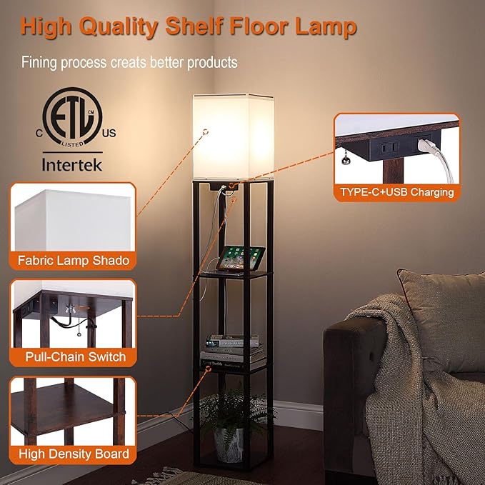 Floor Lamp with Shelves, Shelf Floor Lamps for Living Room with 2 USB Charging Ports and Power Outlet, 3CCT Modern Corner Square Display Standing Lamp 4-Tier Tall Bookshelf Lamp for Bedroom - LeafyLoom