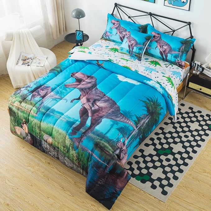 ADASMILE A & S Dinosaur Comforter Twin for Boys Dinosaur Twin Bedding Set for Kids 6 Pieces Dinosaur Comforter Set with Dinosaur Sheets Bed in A Bag T-Rex Dinosaur Comforter and Sheets Set Home Decor - LeafyLoom