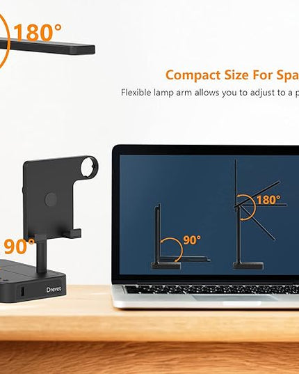 Drevet 3 in 1 LED Desk Table Lamp with Cell Phone Holder and Apple Watch Charger Stand, Eye-Caring Foldable Desk Light with USB Charging Port, 3 Level Brightness, Memory Function, Touch Control, Black - LeafyLoom