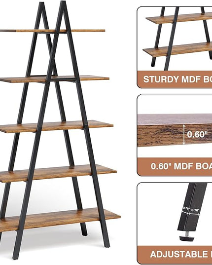 5-Tier Ladder Bookshelf, Industrial A-Shaped Bookcase, Christmas Village Display Stand, Tall Ladder Shelf Storage Organizer for Living Room, Home Office, Black - LeafyLoom