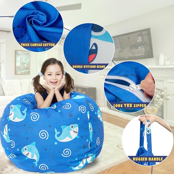 Stuffed Animal Storage Bean Bag Chair Cover, Hold Kids Plush Toys Blankets Towels Beanbag (Cover Only), Canvas Floor Circle Stuff Sit Seat Sofa with YKK Zipper, Extra Large 38", Blue Shark - LeafyLoom