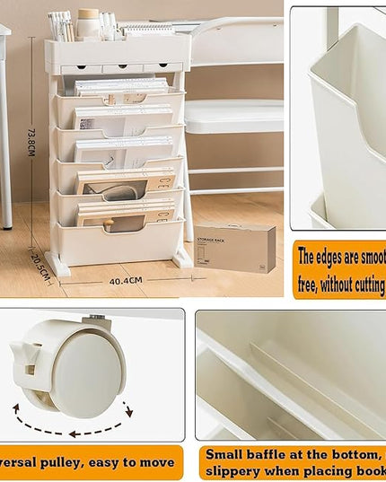 6 Tier Rolling Cart,Open Bookcase and Bookshelf,Mobile Bookshelf with Wheels 3 Drawer,Storage Shelving Display Shelves,Narrow Rolling Storage Cart for Living Room, Bedroom, Kitchen (Off white) - LeafyLoom