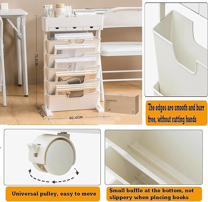 6 Tier Rolling Cart,Open Bookcase and Bookshelf,Mobile Bookshelf with Wheels 3 Drawer,Storage Shelving Display Shelves,Narrow Rolling Storage Cart for Living Room, Bedroom, Kitchen (Off white) - LeafyLoom