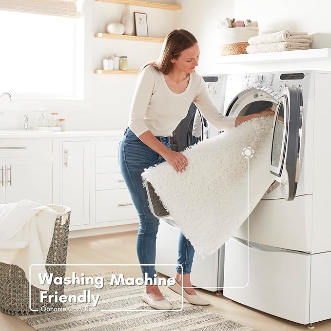 Ophanie Machine Washable 3 x 5 Feet White Rugs for Bedroom Fluffy, Shaggy Bedside Floor Dorm Area Rug, Soft Fuzzy Non-Slip Indoor Room Carpet for Kids Boys Girls Teen Home Decor Aesthetic, Nursery - LeafyLoom