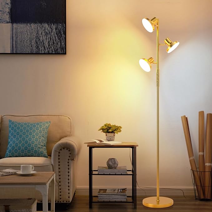 36W Super Bright Gold Floor Lamp, Modern LED Standing Lamp with Remote & Touch Control, 4 Color Temperatures, 3 Rotatable Lights, Dimmable Floor Lamps for Living Room, Bedroom, Office - LeafyLoom