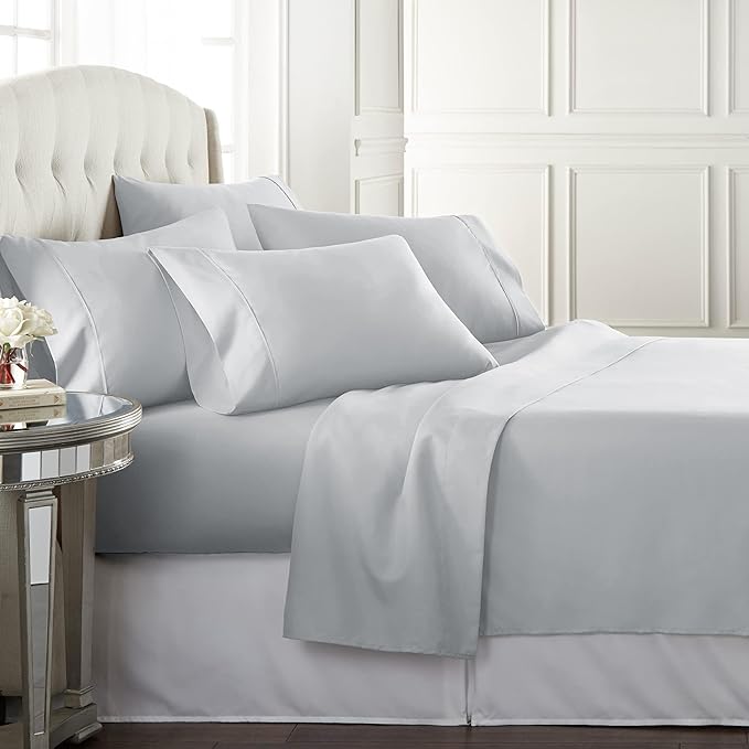 Danjor Linens California King 6 Piece Sheet Set - Deep Pockets, Breathable Bed Sheets - Wrinkle Free, Machine Washable - Light Grey Cal King Size - LeafyLoom