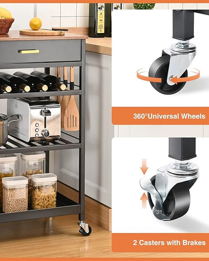 TOOLF Kitchen Island Cart with Drawer, Rolling Kitchen Service Cart with Wooden Tabletop, 3-Tier Storage Cart on Wheels, Storage Trolley Cart with Hooks for Kitchen, Dining Room - LeafyLoom